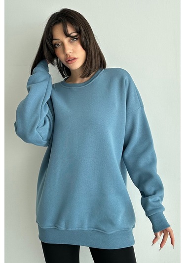 Kadın Mavi Bisiklet Yaka Oversize Sweatshirt Mavi
