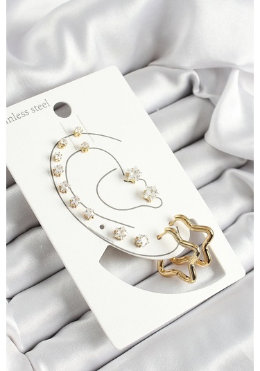316l Çelik Yıldız Figürlü Ve Zirkon Taşlı Gold Renk 7'li Çift Kadın Küpe Set - Tj-bkp10640 Çok Renkli