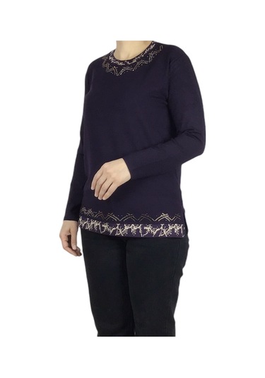 Kadın Yaka Ve Etek Desenli Taşlı Likralı Bluz-arpbattal2 Mor