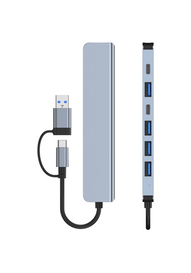 Mufunye Usb-c Ve Usb-a'dan 7 Porta Çevirici: Usb3.0, 4 Usb2.0, Pd Şarj Ve Veri Portu - Uzay Gri Hub