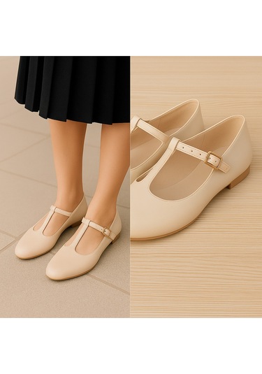 Siyah Süet T-strap Mary Jane Tasarım Babet Bej Rugan