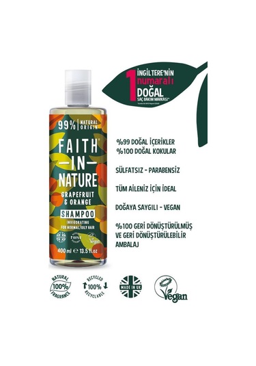 Faith in Nature %99 Doğal Tazeleyici Şampuan Greyfurt & Portakal Normal & Yağlanmaya-Kepeğe Meyilli Saçlar İçin 400 ML