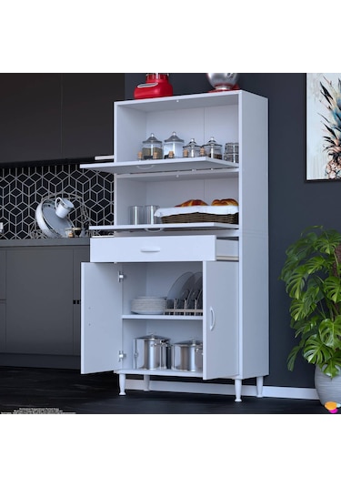 Modilayn Vio 70x163,4x32,5 Cm Yeni Çekmeceli, Kapaklı, Ekmeklikli, Çok Amaçlı Mutfak Dolabı. Beyaz