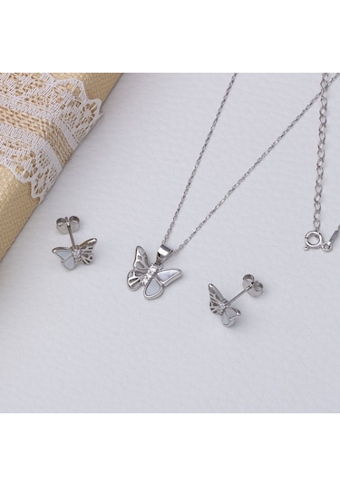 Kelebek Model Sedef Taşlı 925 Ayar Gümüş Kadın 2'li Set Gümüş