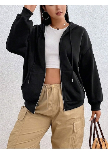 Basic Düz Hırka - Siyah Oversize Kapüşonlu Siyah
