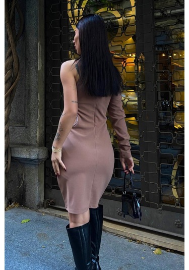 Kadın Vizon Taş Detaylı Dokuma Tek Kol Mini Elbise Vizon