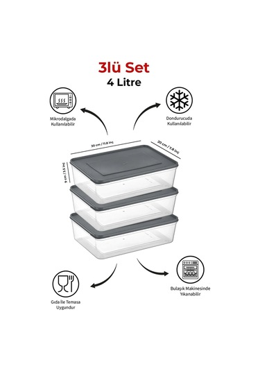 Mikrodalga Ve Derin Dondurucuya Uygun Freshkeep Saklama Kabı 3'lü Set - Gri / 3 4000 Ml Gri