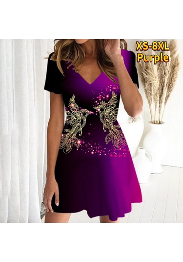 Mor Yaz Modası Kadın V Yaka Kısa Kollu Altın Kuş Baskılı Elbise Seks Kısa Etek Elbiseler Mor