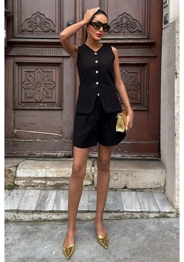 The İstanbul Gold Düğme Detaylı Yelek Şort Cotton Takım 10134-17 Siyah