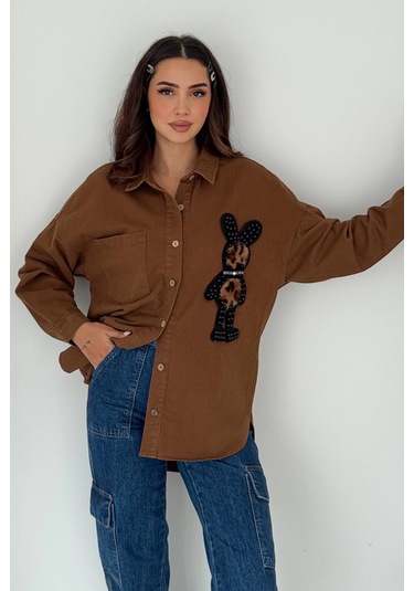 Leopar Ayıcık Armalı Gabardin Kumaş Gömlek Kahverengi Kahverengi