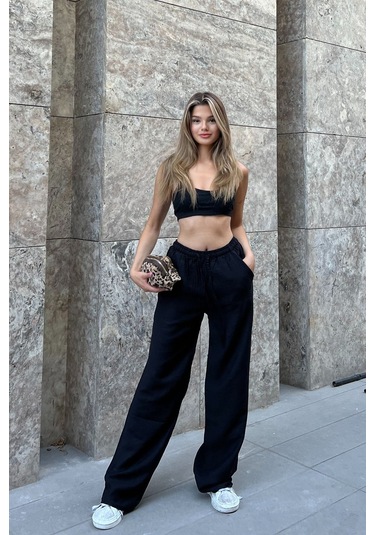 Keten Karışımlı Bol Kesin Pantolon