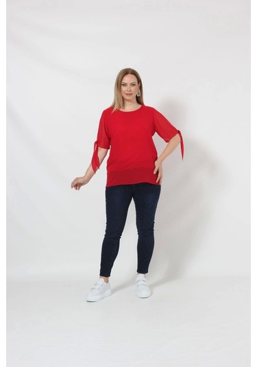 3173k Kırmızı Kolu Bağlama Detaylı Bluz Kırmızı