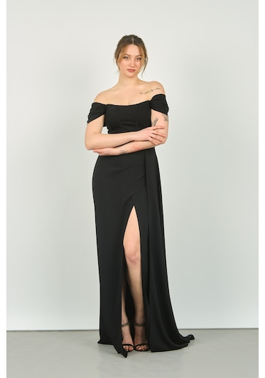 Doridorca Kadın Straplez Korseli Kol Detaylı Derin Yırtmaçlı Uzun Abiye Elbise 5136 Siyah