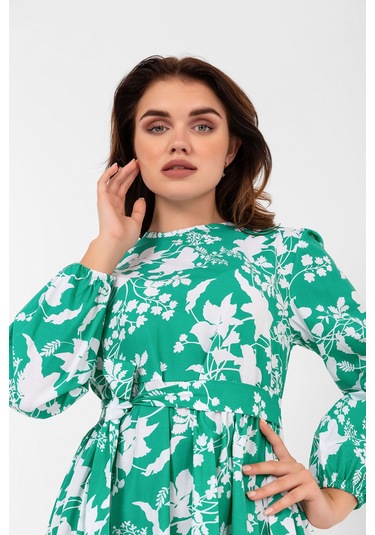 Yaprak Desenli Renkli Pamuklu Yazlık Baharlık Kuşaklı Elbise 2101 Yeşil