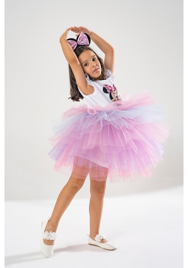 Minnie Mouse Kız Çocuk Beyaz Doğum Günü Elbisesi Ve Parti Kostümü Beyaz