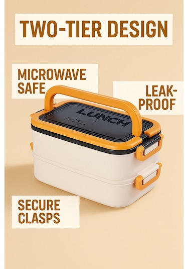 Taşınabilir Yemek Kabı 2 Katlı Lunch Box Diyet Beslenme Kutusu Saklama Kabı Çatal Kaşıklı Sefer Tası Beyaz - Sarı