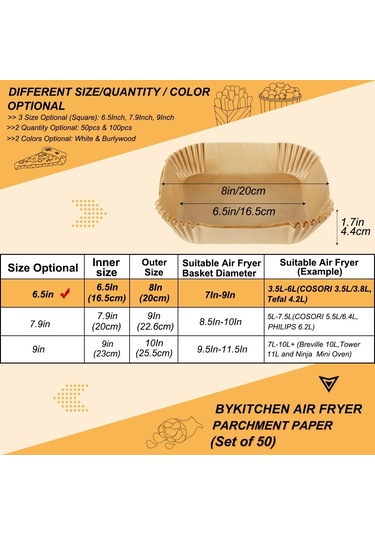 Hava Fritözü Pişirme Kağıdı, Kare Tek Kullanımlık Levhalar, Hava Fritözü İçin Yağ Geçirmez, Cosorı, Ninja, Tower Cosori 7.9" 100 Adet Kahverengi İle Uyumlu