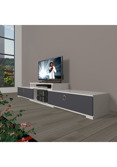 Decoraktiv Flex 4 Mdf Gold Tv Ünitesi Tv Sehpası Beyaz - Antrasit
