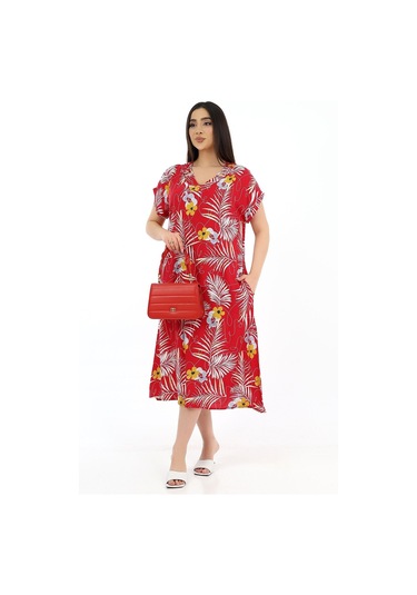 Schık Kadın Viskon Yarım Kol V Yaka Halkalı Cepli Elbise Kırmızı Kırmızı