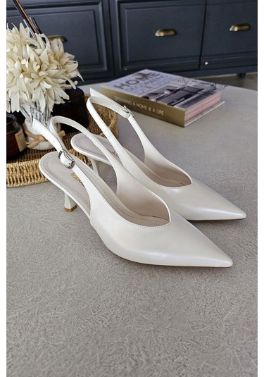 10 44 Topukla Kadın Arkası Açık Kadeh Topuklu Stiletto Abiye Ayakkabı Sedef