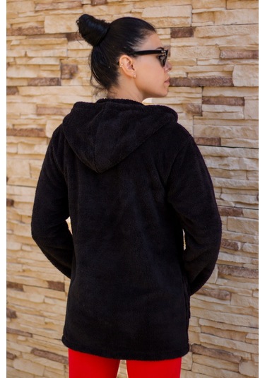 Kadın Siyah Peluş Kalın Fermuarlı Kapüşonlu Cepli Ceket 23kcktmy50 001