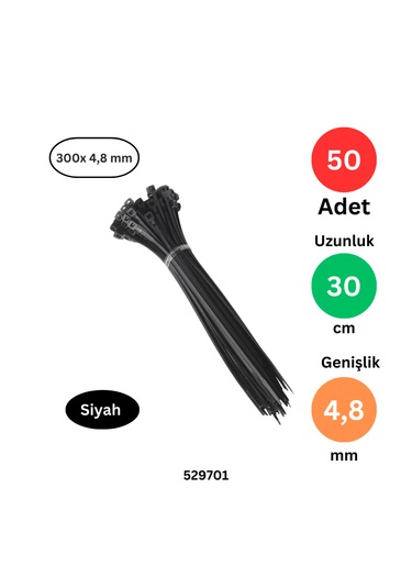 Plastik Kablo Bağı Klipsi Cırt Kelepçe 300 Mm X 4.8 Mm Siyah 50 Adet Siyah