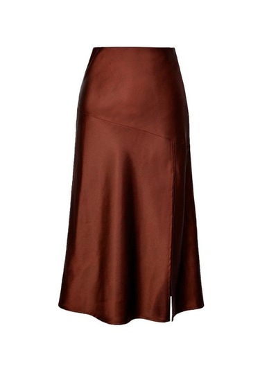 Yüksek Bel Saten Düz Renk Ayrık Uzun Büstiyer Etek Kahverengi