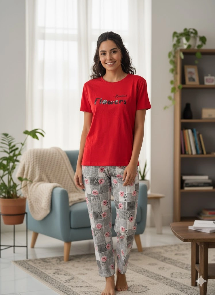 Kadın Kırmızı Pijama Takım Turuncu