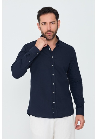 White Stone Lacivert %100 Pamuk Dynamic Fit Erkek Uzun Kollu Gömlek