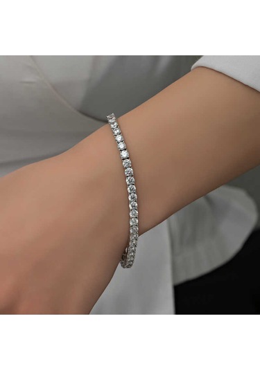 Gümüş 2.5 Mm Beyaz Taşlı Su Yolu Kadın Bileklik Gümüş