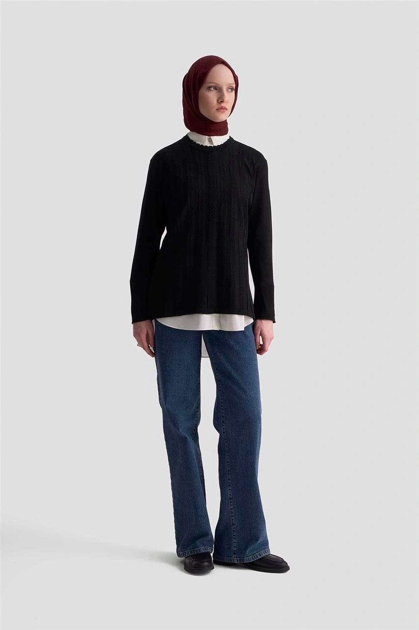 Armine Örgü Desenli Kazak 25kd7004 Siyah Siyah