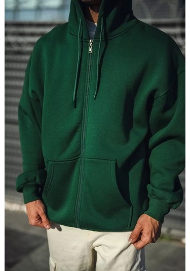 Oversize Tam Fermuarlı Uzun Kol Hırka - Haki Haki