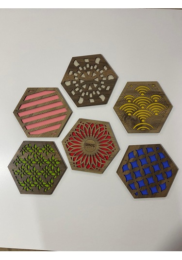 6'lı Büyük Boy Renkli Ahşap Tencere, Tava, Çaydanlık Altlığı