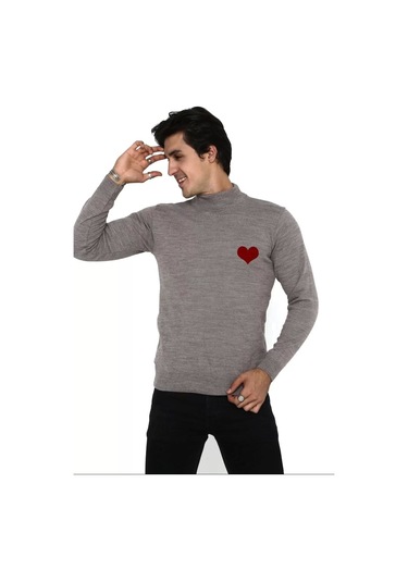 Unisex Yarım Boğazlı Baskılı Dokuma Triko - Vizon Vizon