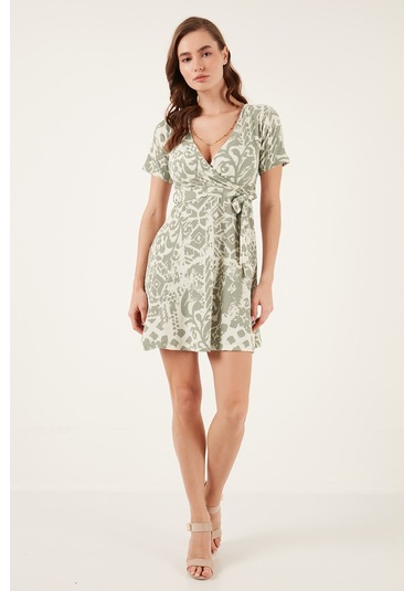 Lela Desenli Kruvaze Yaka Regular Fit Bayan Elbise 5865723 Olive