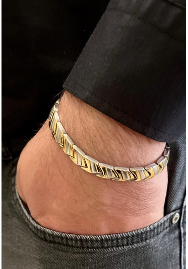 Trend Model Sade Şık Çelik Paslanmaz Erkek Bileklik 21 Cm Altın - Gümüş