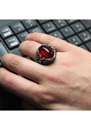 Baltık Kehribar Taşlı Çift Başlı Kartal Desenli Gümüş Erkek Yüzük