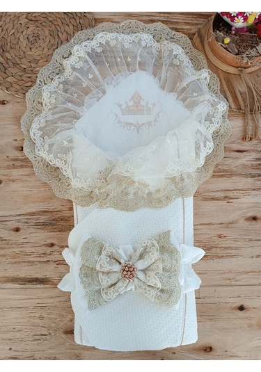 Bebek Dış Kundak Battaniyesi Özel Dantelli Bebek Kundağı Unisex Hastane Çıkışı Mevlütlük Hediyelik Ekru