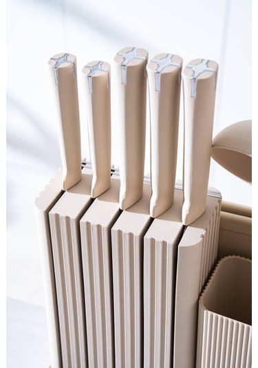 Cooper 14 Parça Standlı Kesme Tahtası Servis Ve Bıçak Seti Krem