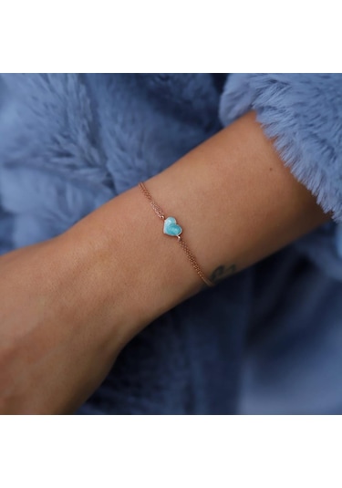 Mavi Mineli Kalp Bileklik Pembe Altın