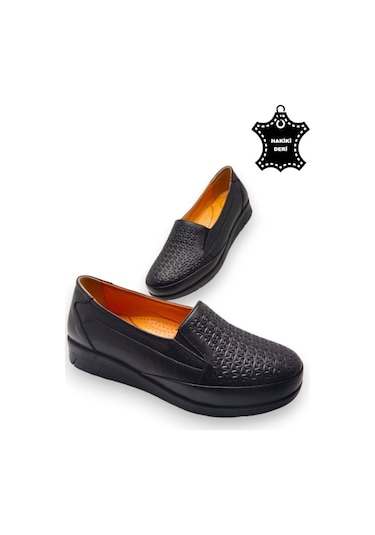 Kadın Taba Hakiki Deri Içi Deri Comfort Tam Ortopedik Anne Ayakka Siyah-baskılı Siyah