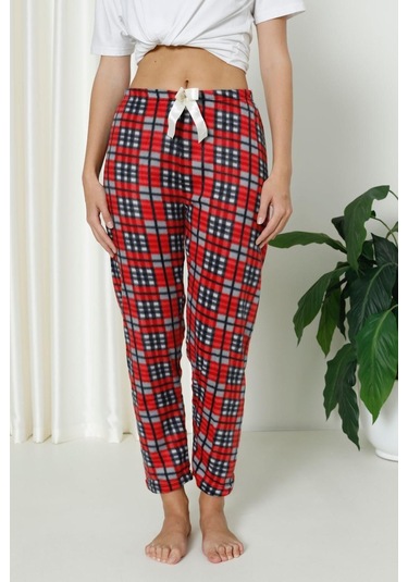 Luxury Soft Welsoft Polar Desenli Kurdeleli Kışlık Pijama Altı Pantolon Siyah Kırmızı Ekose Siyah - Kırmızı