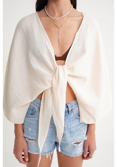4723 Kadın Önü Bağlamalı Bolero Bluz Naturel Naturel