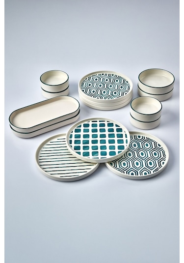 Kitchen Life 14 Parça 6 Kişilik Neometric Stackable Kahvaltı Takımı -  Kahvaltılık  Sunum Tabağı Yeşil - Beyaz