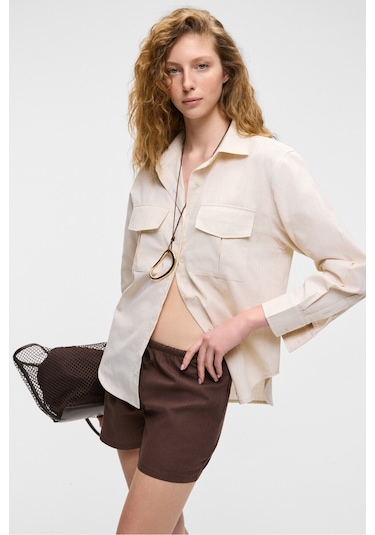 RIGO Kadın Gömlek Yaka Uzun Kol Regular Uzun İnce Krem Gömlek