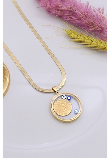 22 Ayar Çeyrek Altınlı Şeffaf Çerçeveli Çelik Kolye