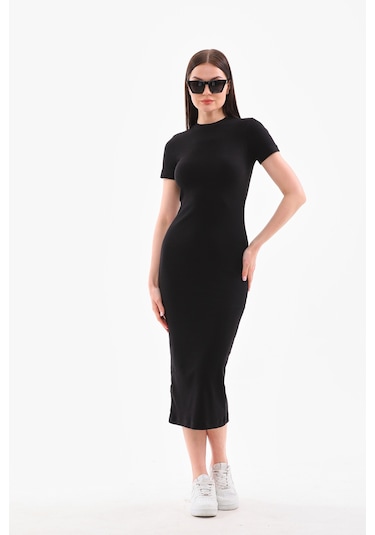 Siyah Kısa Kollu Diz Altı Fitilli Esnek Kalem Elbise - 130 Cm Siyah