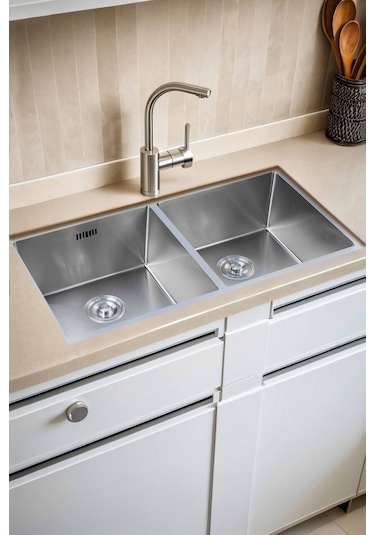 Han Serisi %100 Krom 82x45 İki Göz Paslanmaz Mutfak Eviyesi, Mutfak Lavabosu Sifon Dahil Silver