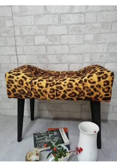 Puf . Leopar Desenli Siyah Ahşap Ayak Çima Dikiş Spor Modern Tasa