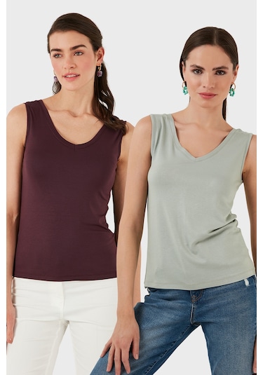 Lela Slim Fit V Yaka Kalın Askılı 2' Li Paket Bayan Bluz 5864384S2 Çağla-Vişne